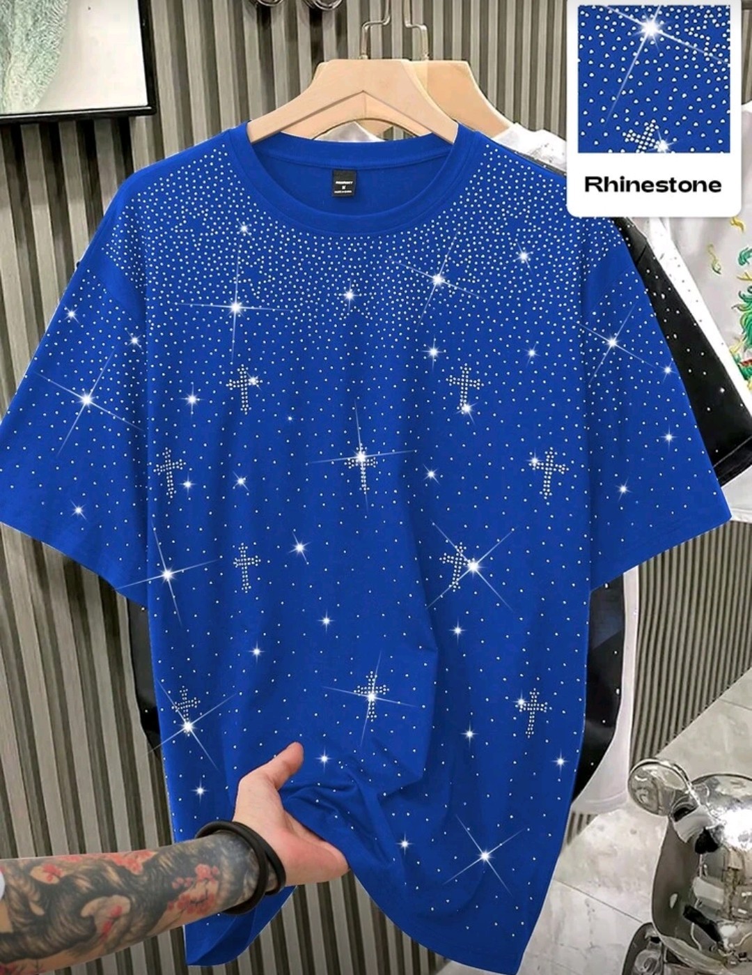 New Men Women Luxury Diamond Crosses Stars Rhinestones Fashion T-Shirt 7 Colors