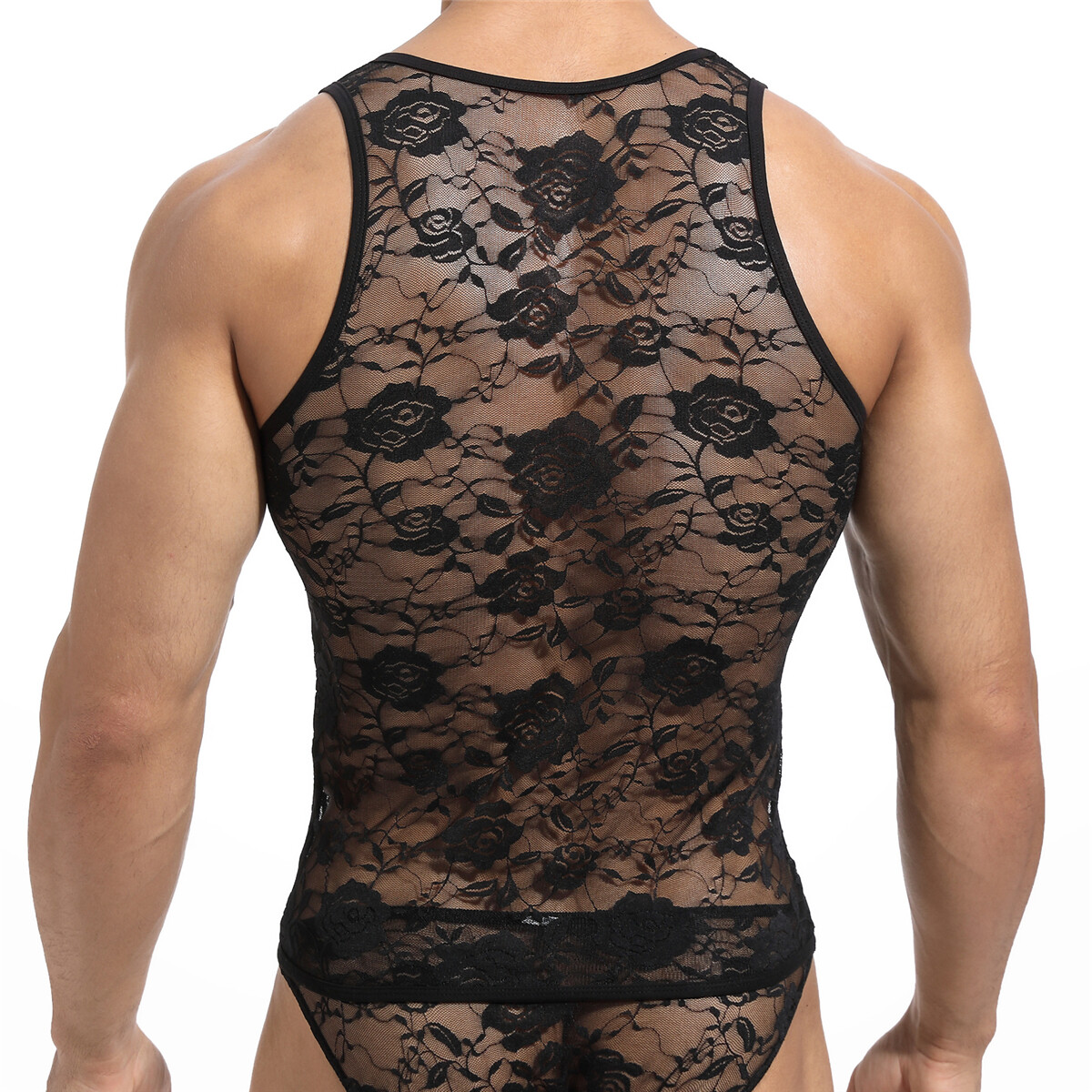 Lace Men Tank Tops Gym Muscle T-Shirt Top See Through Gay Vest Floral Undershirt