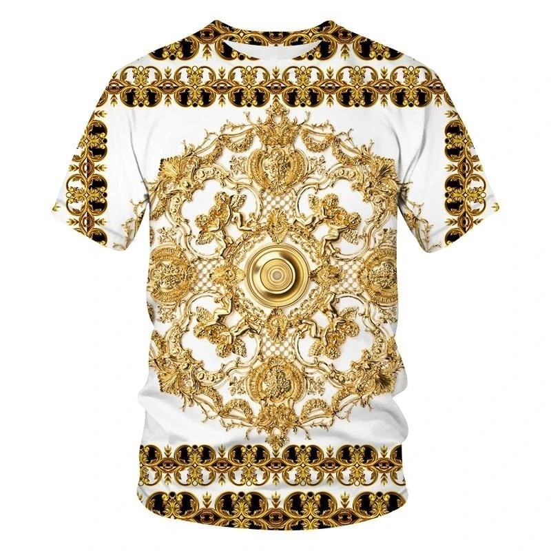 Luxury Baroque Style 3D Print Men’s T-shirts Fashion Round Neck Short Sleeve.