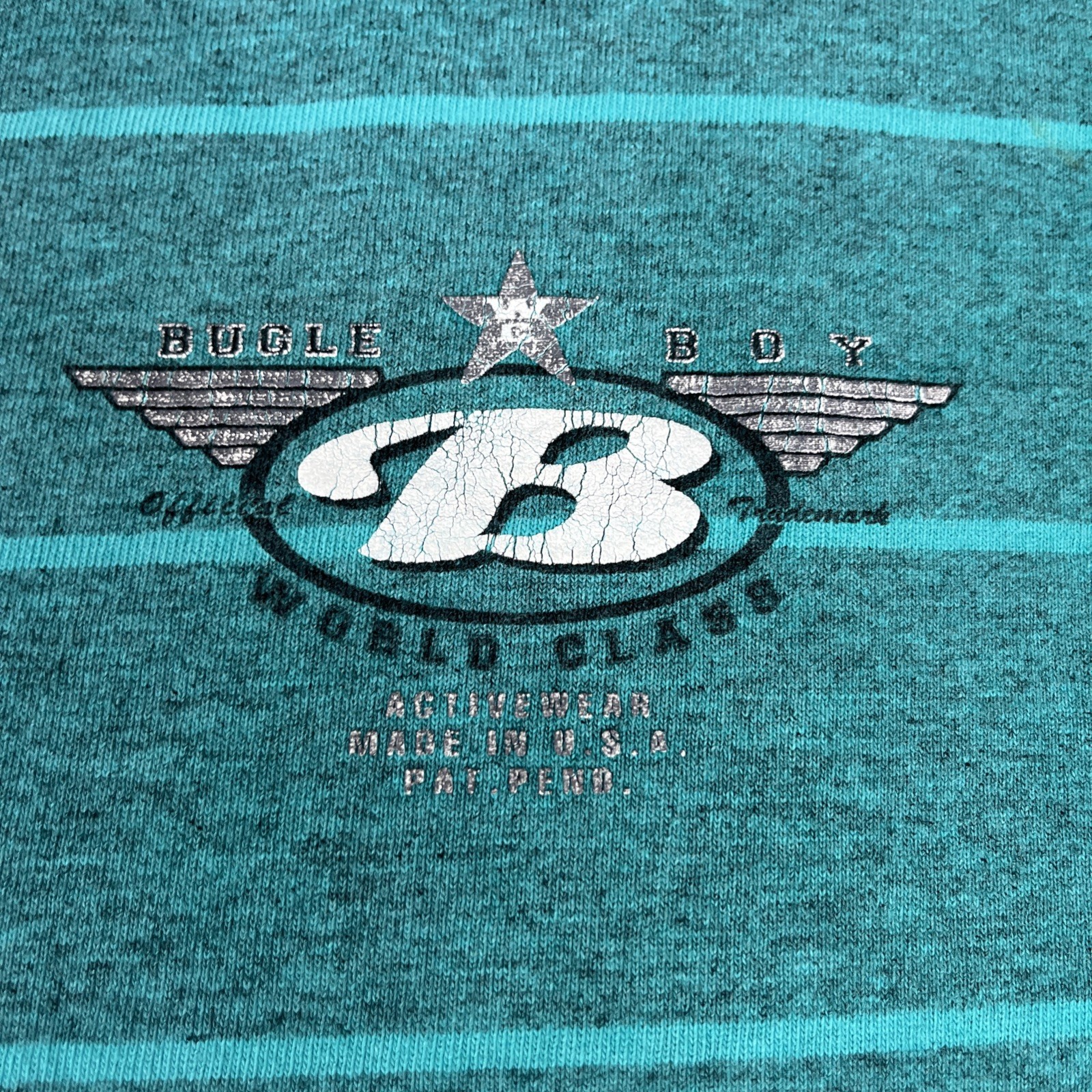 Vintage 80s Bugle Boy Surf Skate Shirt Men’s Sz Large USA Cyan Striped