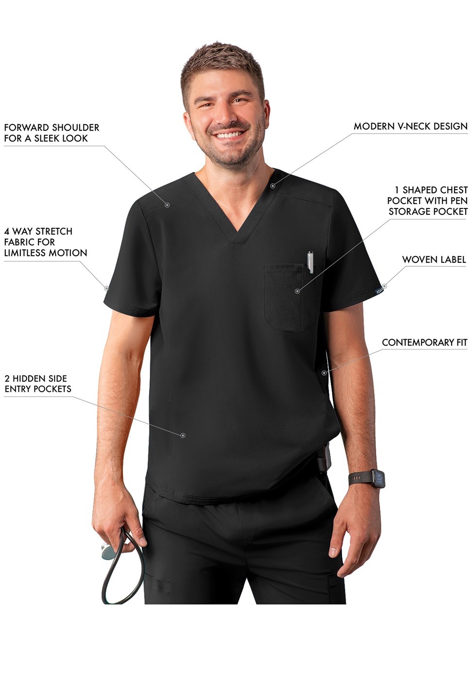 Adar Addition Scrubs For Men – Modern Multi Pocket V-Neck Scrub Top