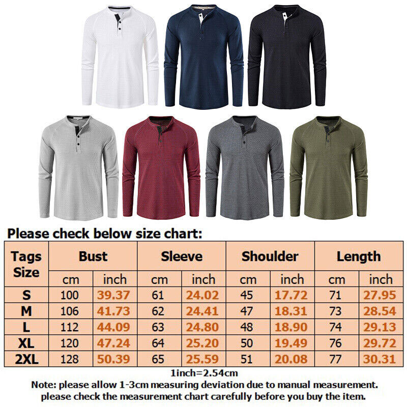 Mens Casual Henley T-shirt Solid Slim Fit Button Pullover Long Sleeve Tops Tunic