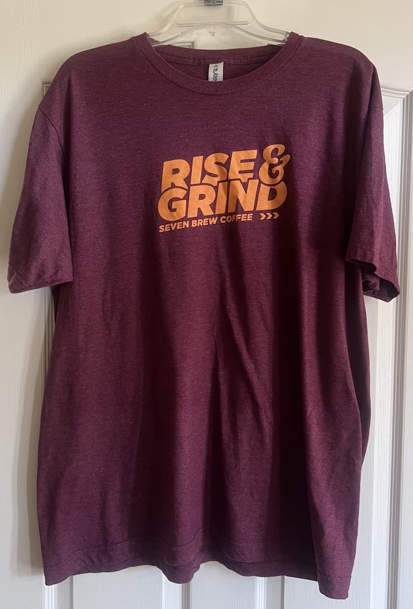 7 Brew Coffee XL Rise & Grind Maroon Orange T-Shirt RARE State Va Hokies TECH VT