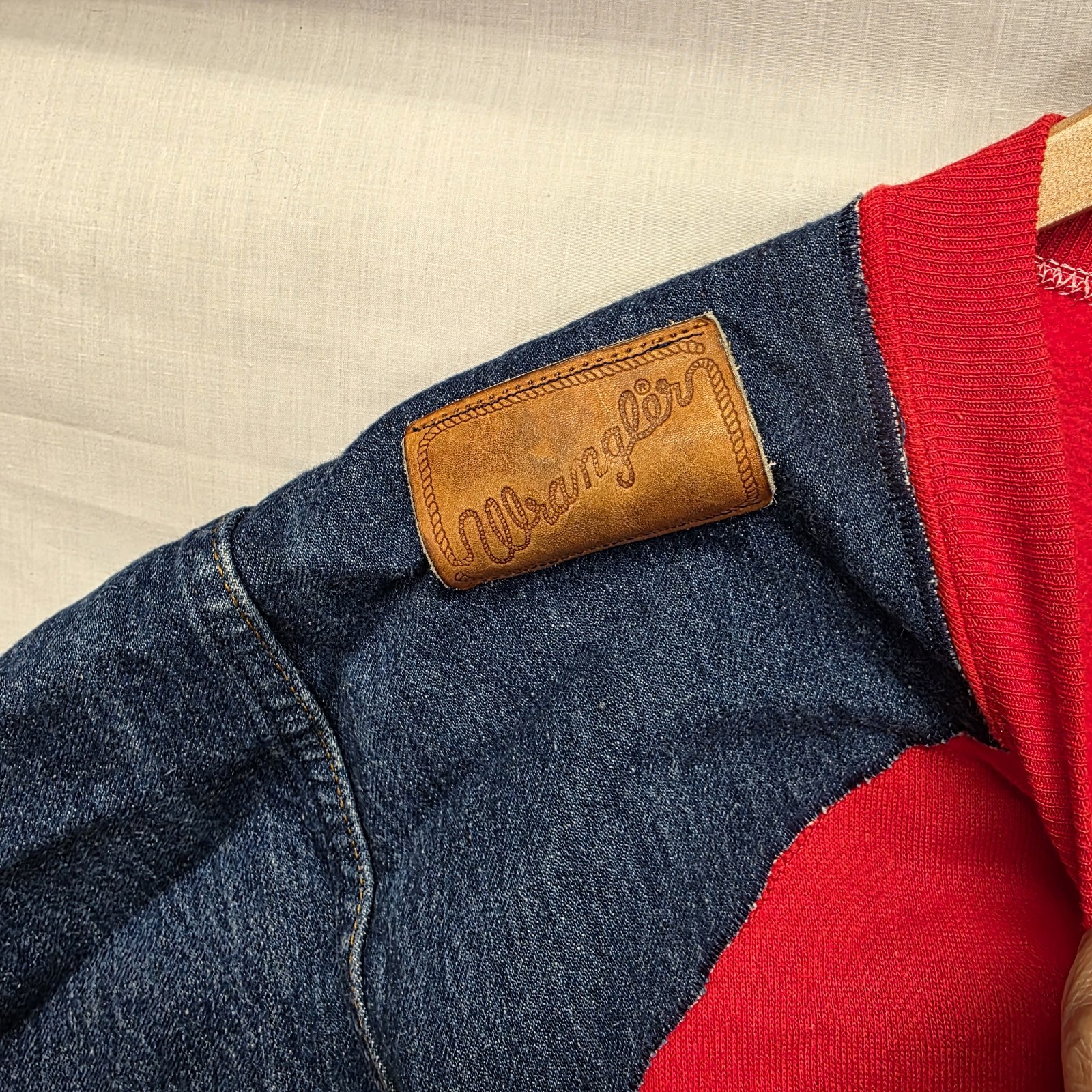 Vtg Tee Shirt Homemade Altered Denim Jean Brands WesternRed Blue Size L