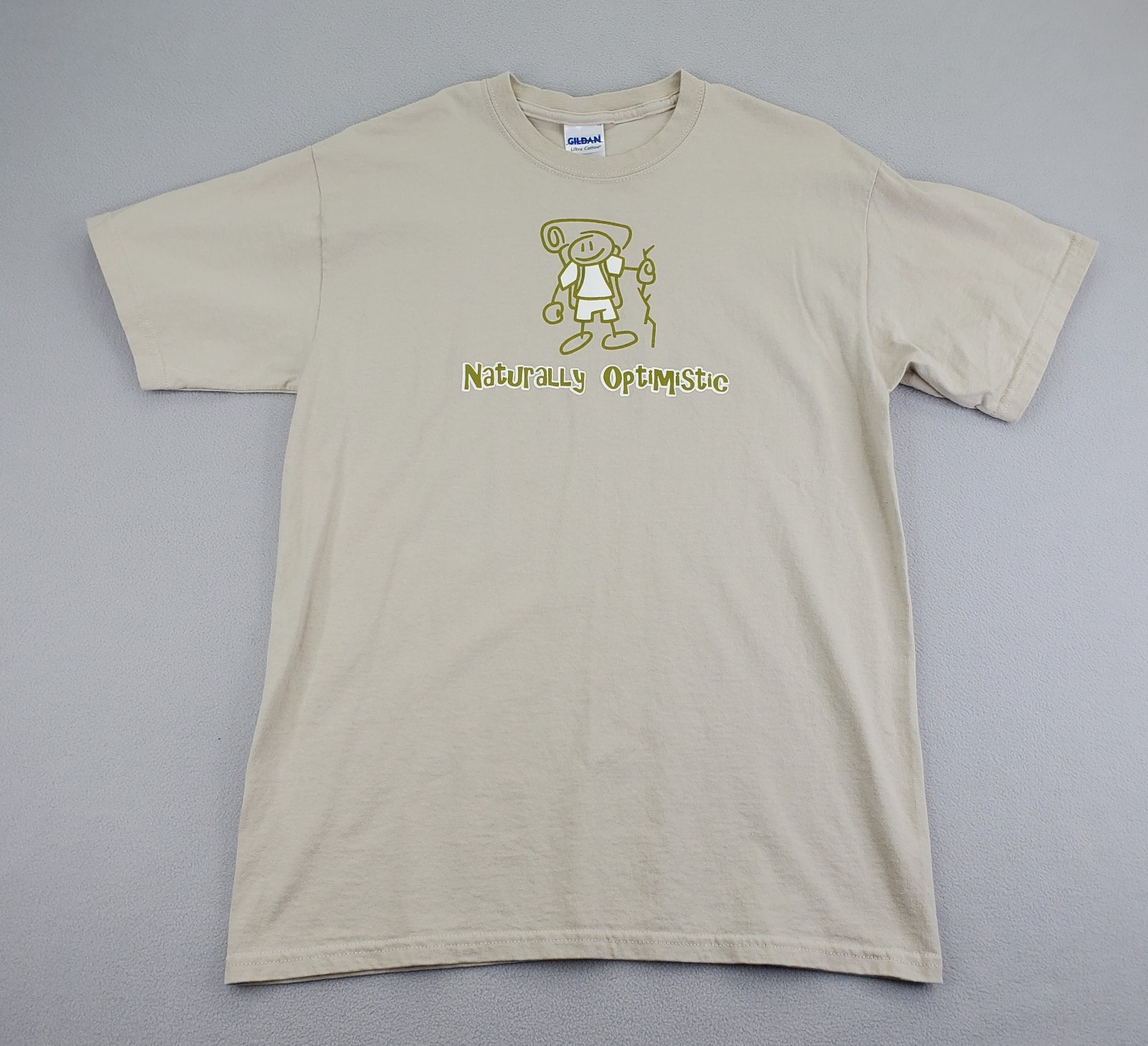 Naturally Optimistic Shirt Mens M Tan Hiking Camping Graphic Gildan Ultra EUC