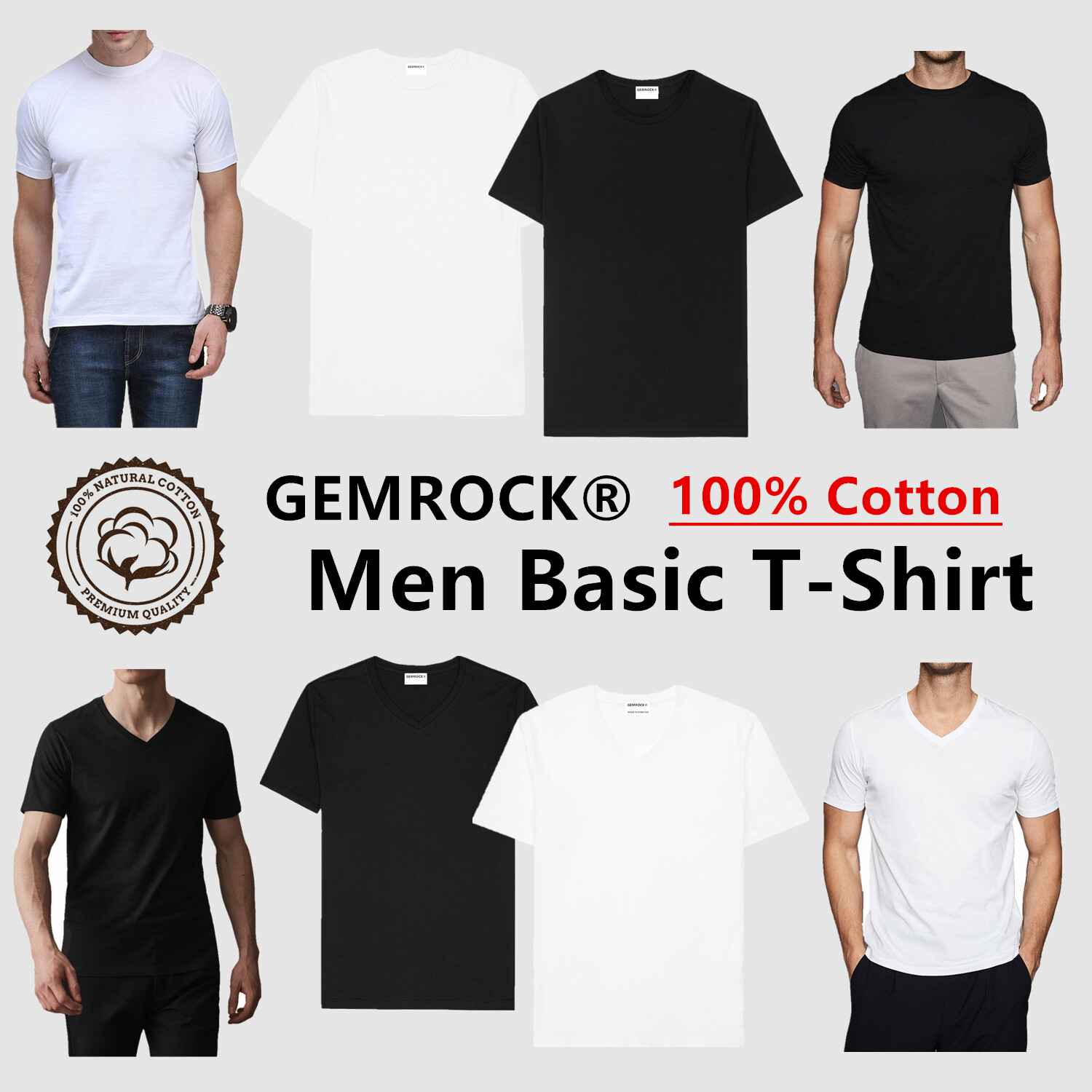 Black White Men 100% Thick Cotton Casual T-Shirt Short Sleeve Tee Crew V Neck
