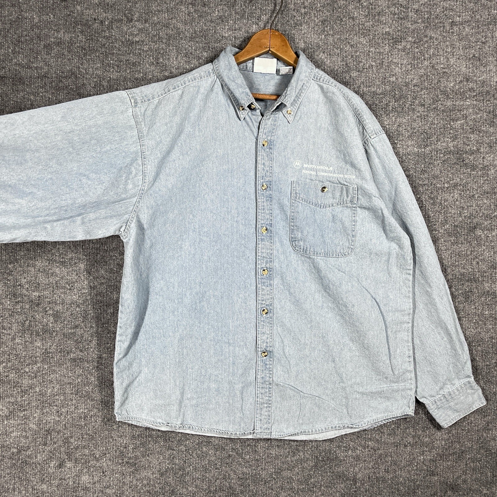 VINTAGE 90s Motorola Employee Shirt Mens XL Denim Chambray Tech Promo Cell Phone