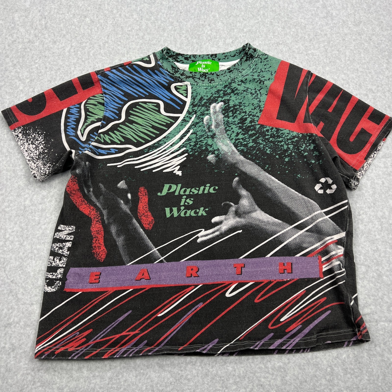 Plastic is Wack Reach Tee Men’s Medium Graphic AOP Eco Clean Earth Crew Shirt