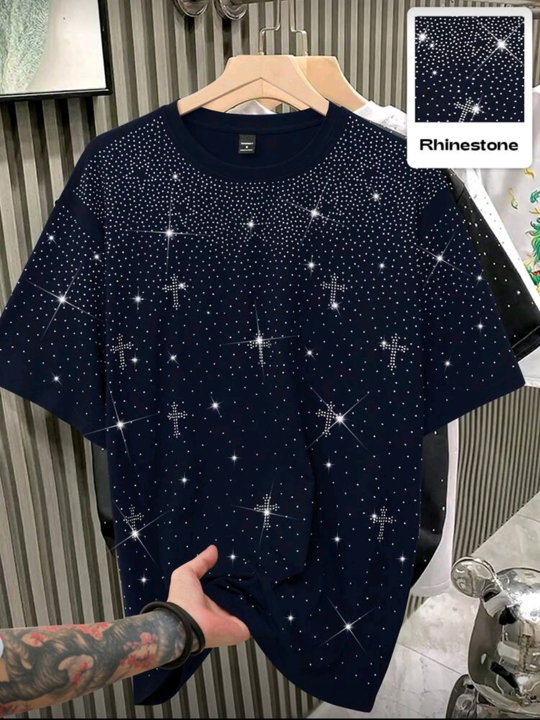 New Men Women Luxury Diamond Crosses Stars Rhinestones Fashion T-Shirt 7 Colors