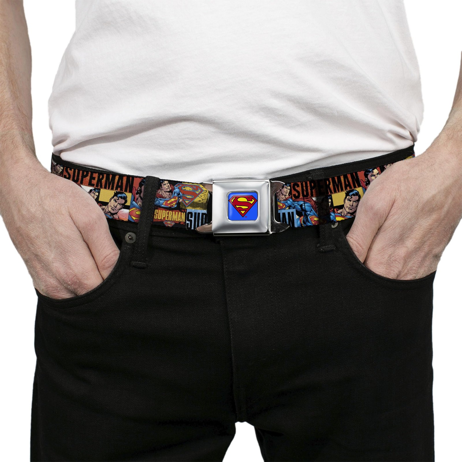 Seatbelt Belt – SUPERMAN Action Blocks Red/Blue – 1.0″ Wide – 20-36 Inches in…