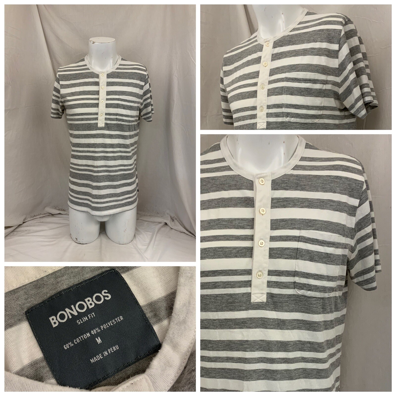 Bonobos T Shirt M Gray Stripe Cotton Poly Slim Fit Short Sleeve YGI Q2-211