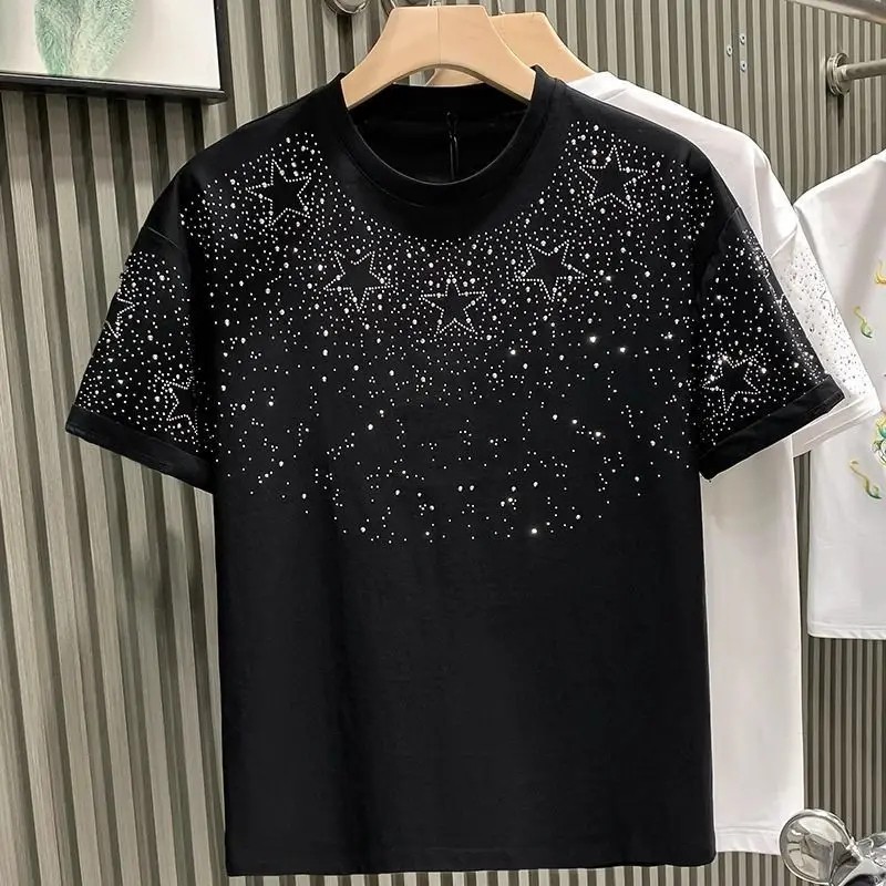 New Fashion Star Trend Rhinestone Diamond Summer Short Sleeve Luxury Men T-Shirt