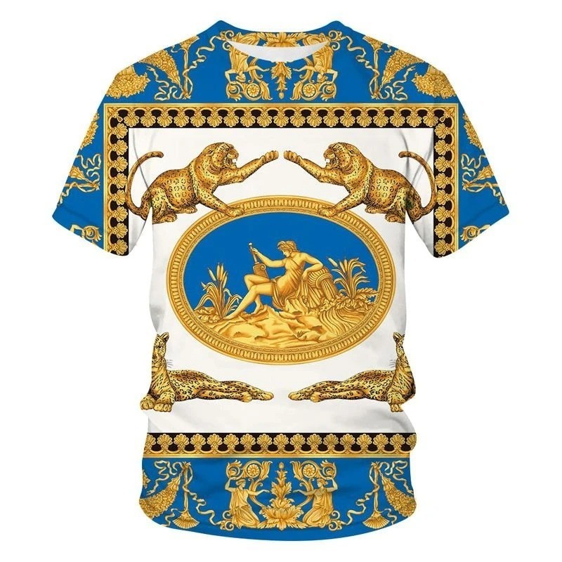 Luxury Baroque Style 3D Print Men’s T-shirts Fashion Round Neck Short Sleeve.