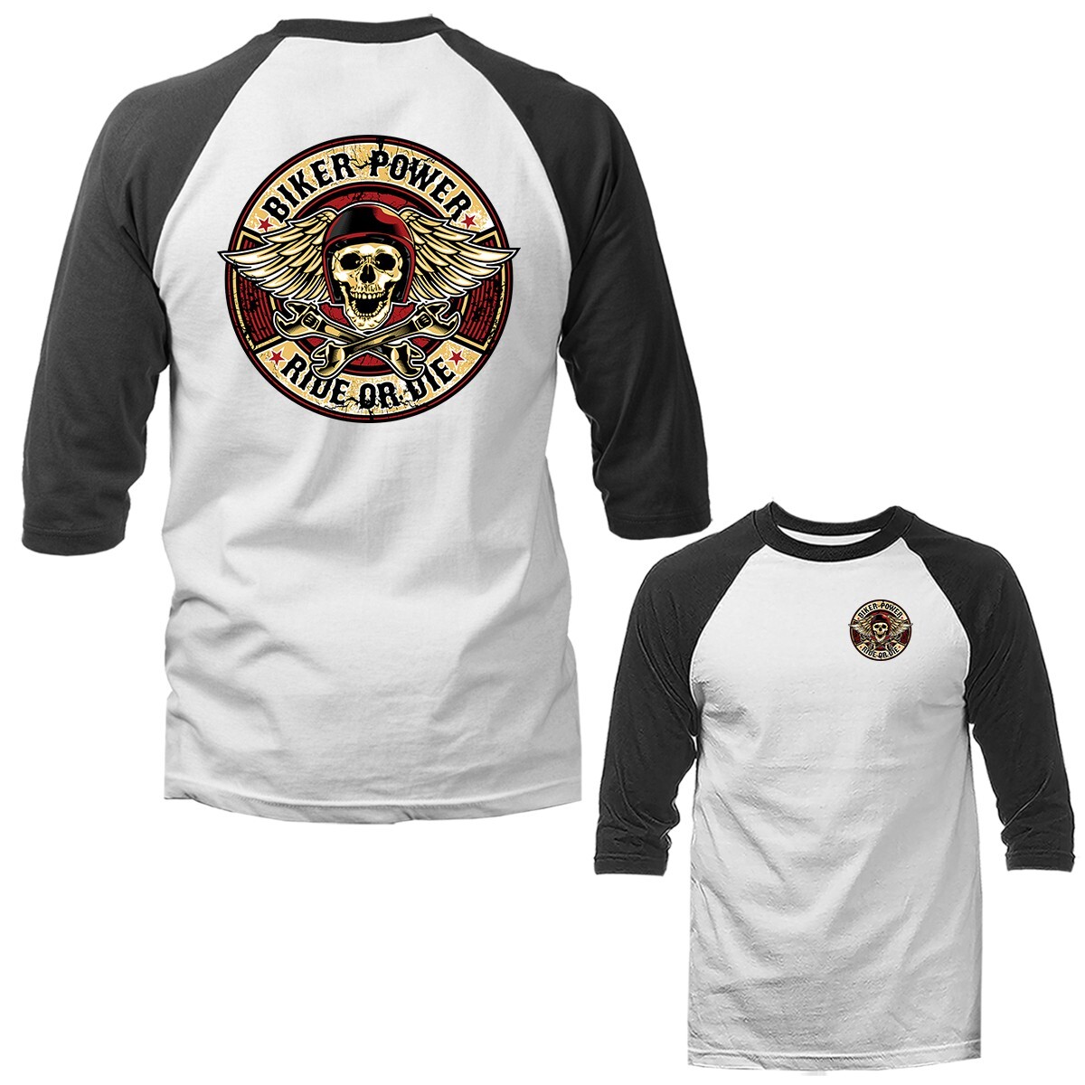 Biker Power Bikers Vintage Classic Custom Motorcycle Graphic 3/4 Sleeve Raglan