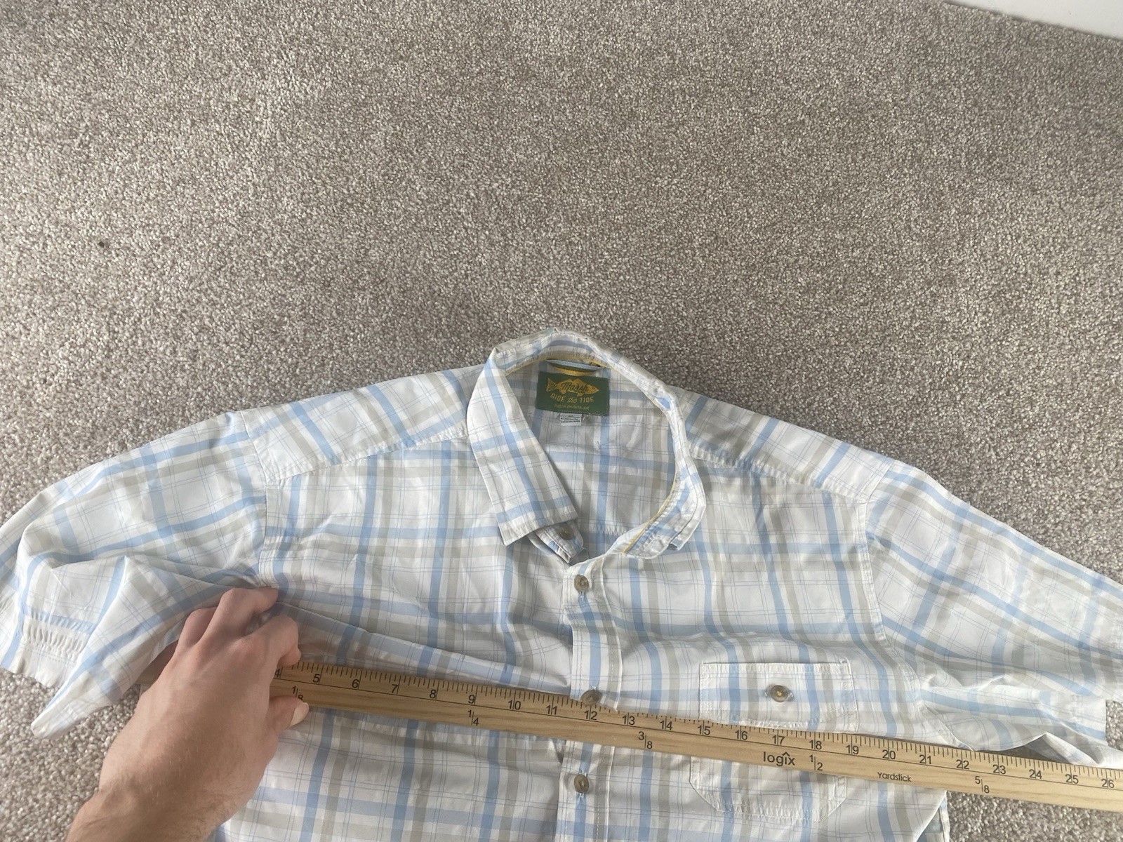 Marsh Wear Pocket Shirt Ride the Tide Fish Southern Mens M Blue/Beige Nylon/Poly