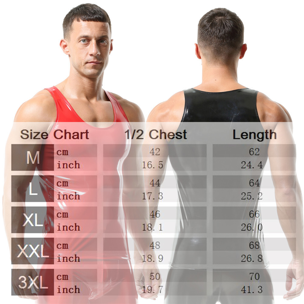 Men’s Black/Red PU Leather Vests Glossy Slim Latex Sleeveless T-shirts Tank Tops