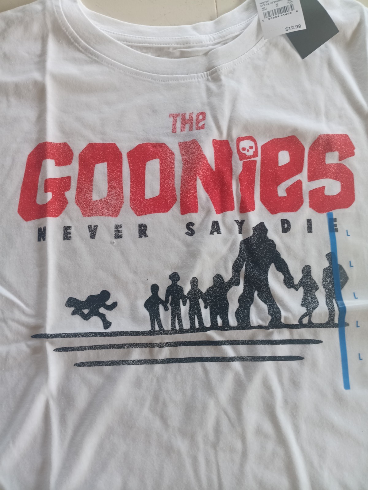 The Goonies T Shirt Adult Large Never Say Die Graphic White Red Black .NWT