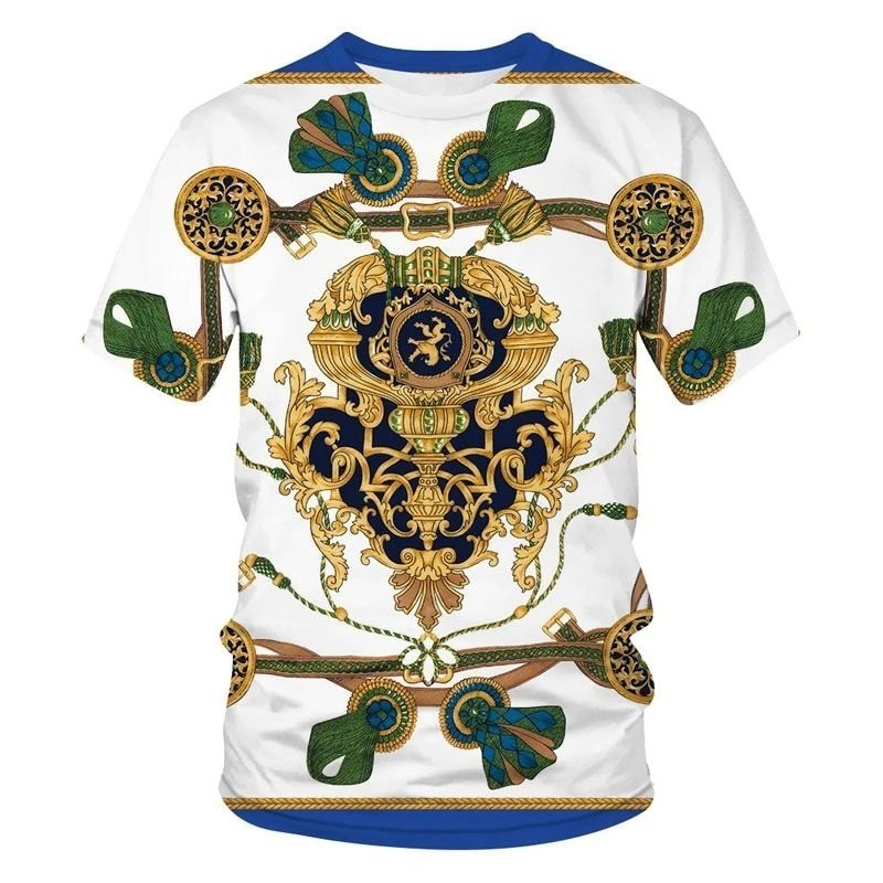 Luxury Baroque Style 3D Print Men’s T-shirts Fashion Round Neck Short Sleeve.