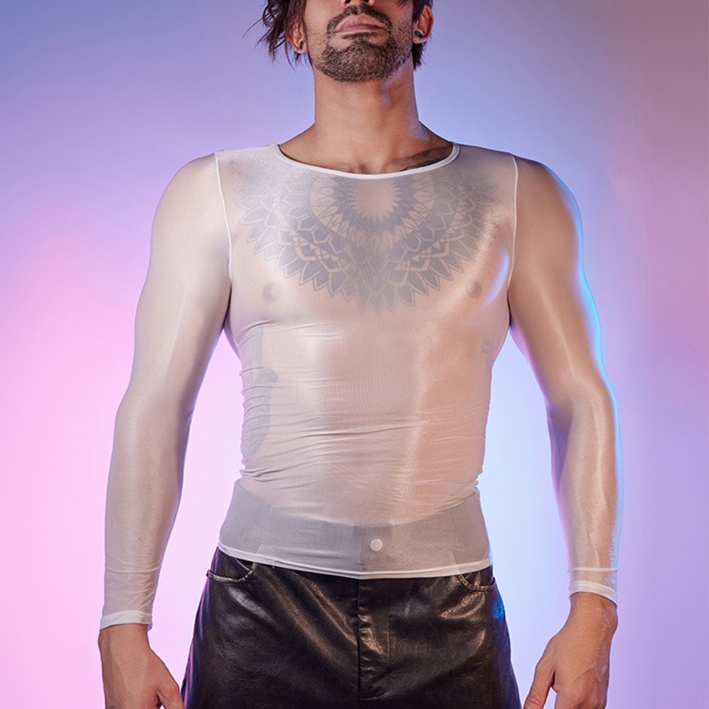 Long Sleeve Men’s Sexy Lingerie Top O Neck Tight Sheer Shirts Oil Shiny