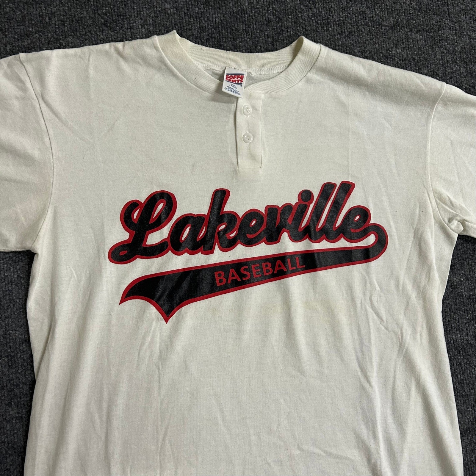 Soffe Shirts Henley Mens Size Large White Lakeville Baseball Graphic