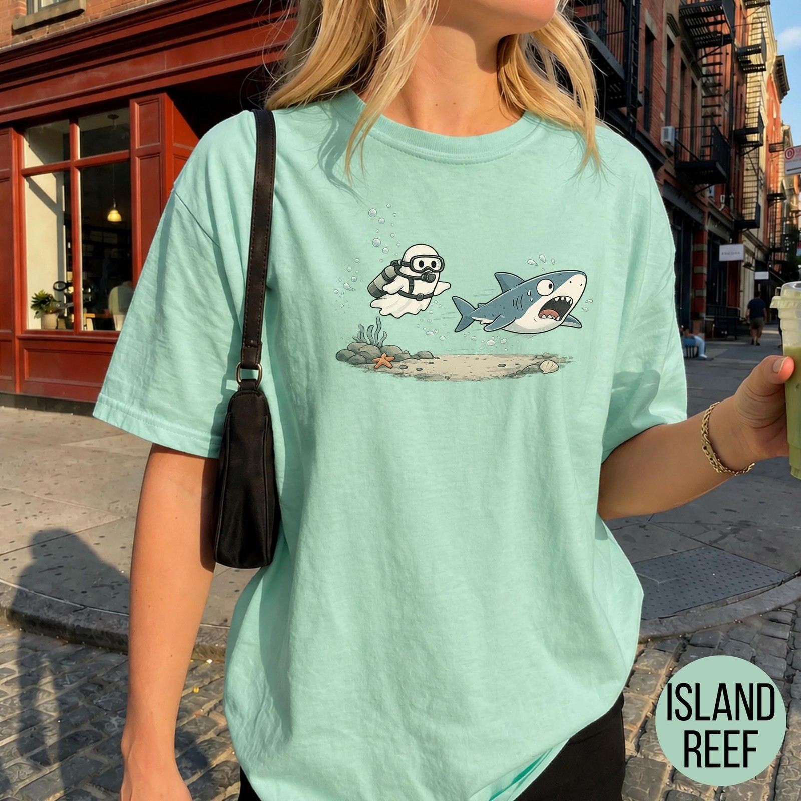 Ghost Shark Shirt Funny Diver Halloween Summerween Ocean Graphic Tee Gift