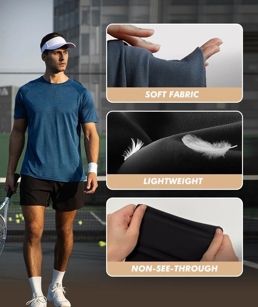 5 Pack Workout Shirts for Men-Quick Dry Black Gym Moisture Wicking Short Slee