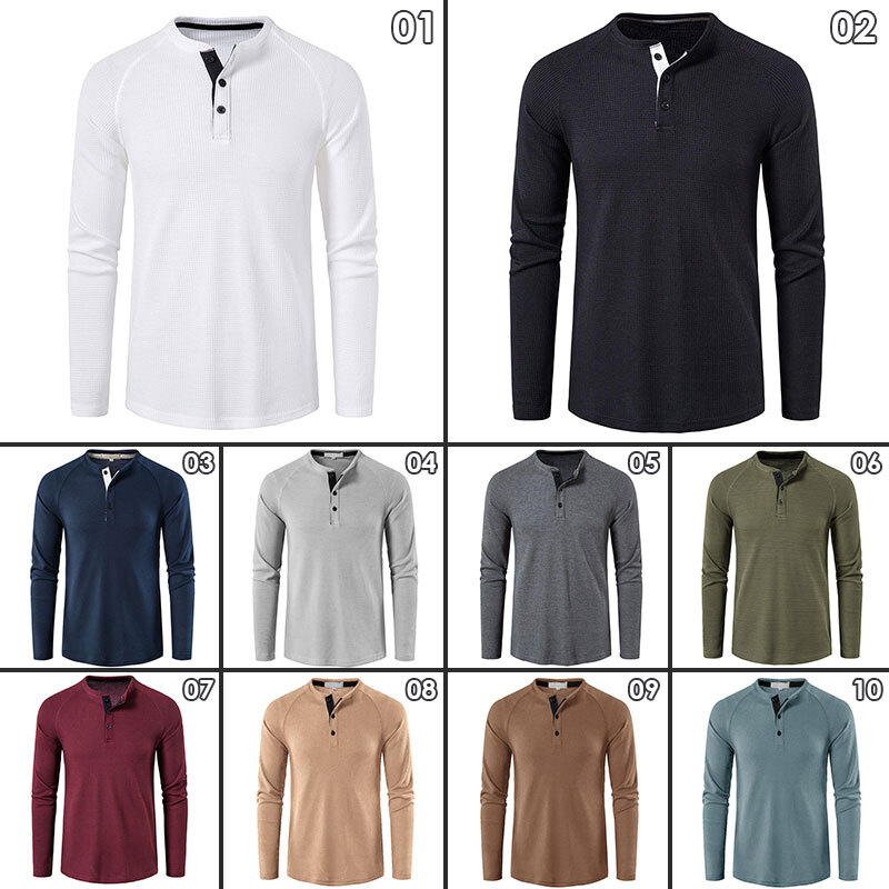 Mens Casual Henley T-shirt Solid Slim Fit Button Pullover Long Sleeve Tops Tunic