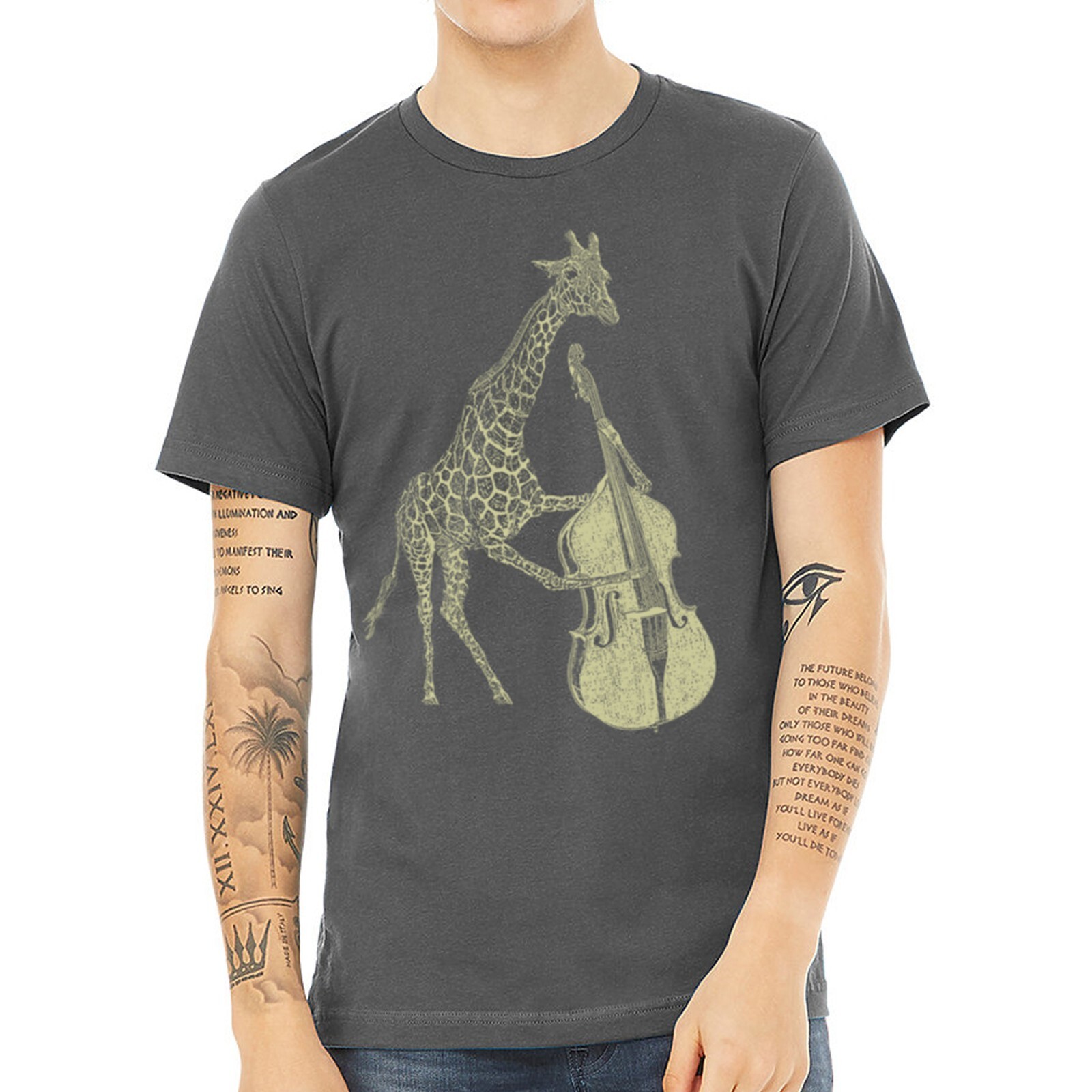 Giraffe Playing Bass T Shirt- Men’s Music Animal Tee- Guys Graphic Screen Print