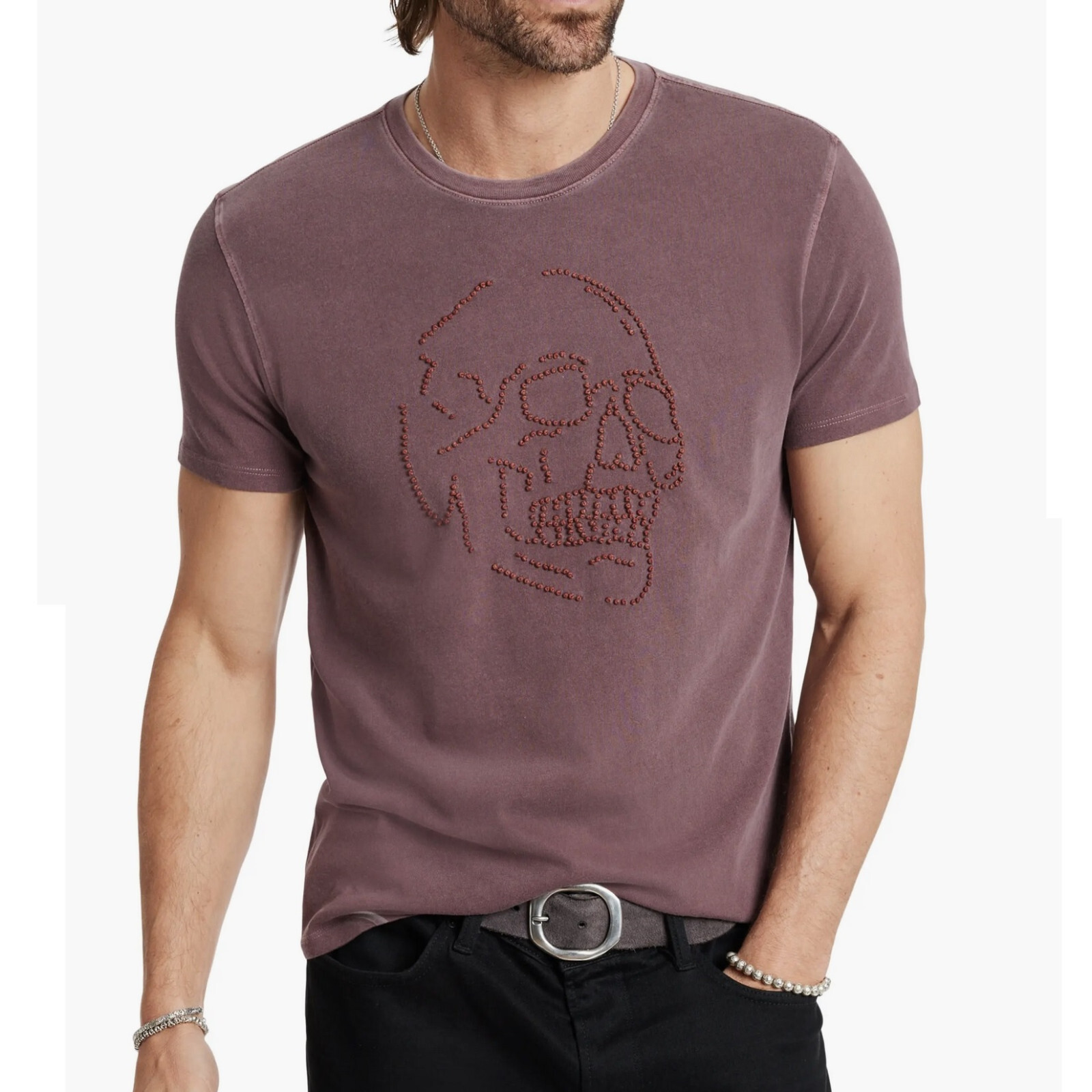 John Varvatos Men’s Large Skull Embroidered Beaded Knots Crew T-Shirt Mauvewood