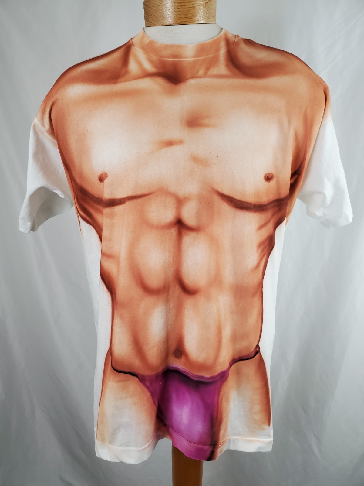 Vintage Fake Six Pack Male Torso T-Shirt XXL White Cotton Poly Single Stitch USA