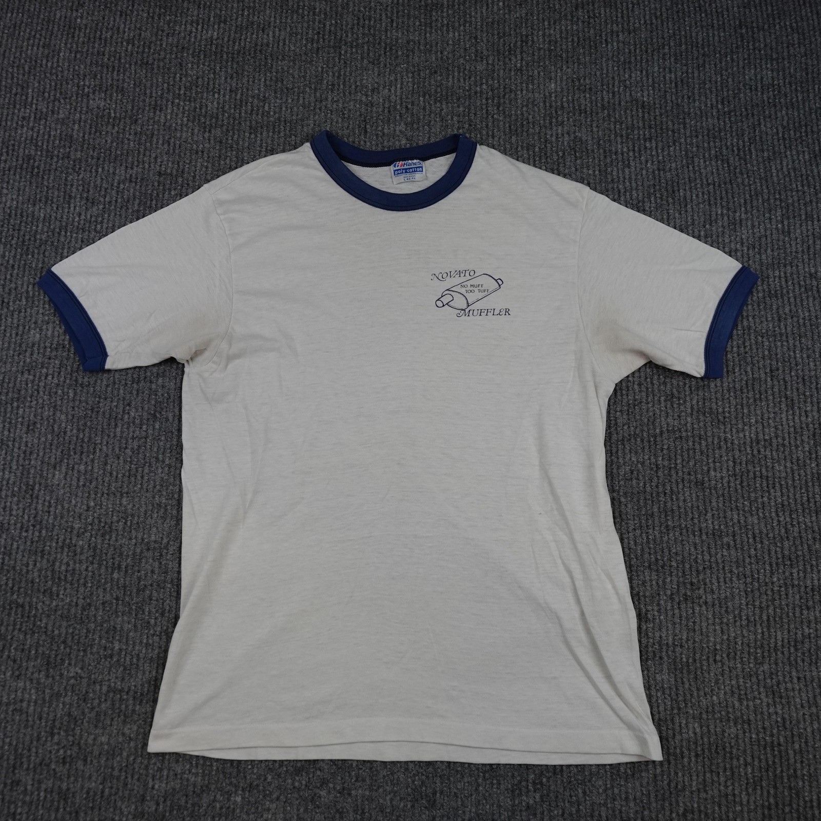Vintage Paper Thin Novato Muffler Shirt Mens Large White Ringer No Muff Too Tuff