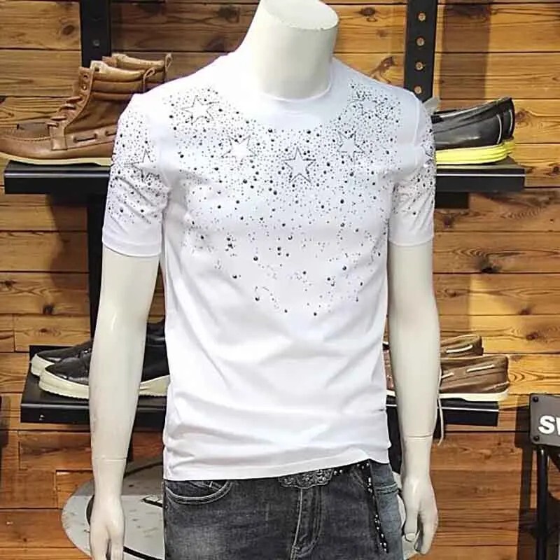 New Fashion Star Trend Rhinestone Diamond Summer Short Sleeve Luxury Men T-Shirt
