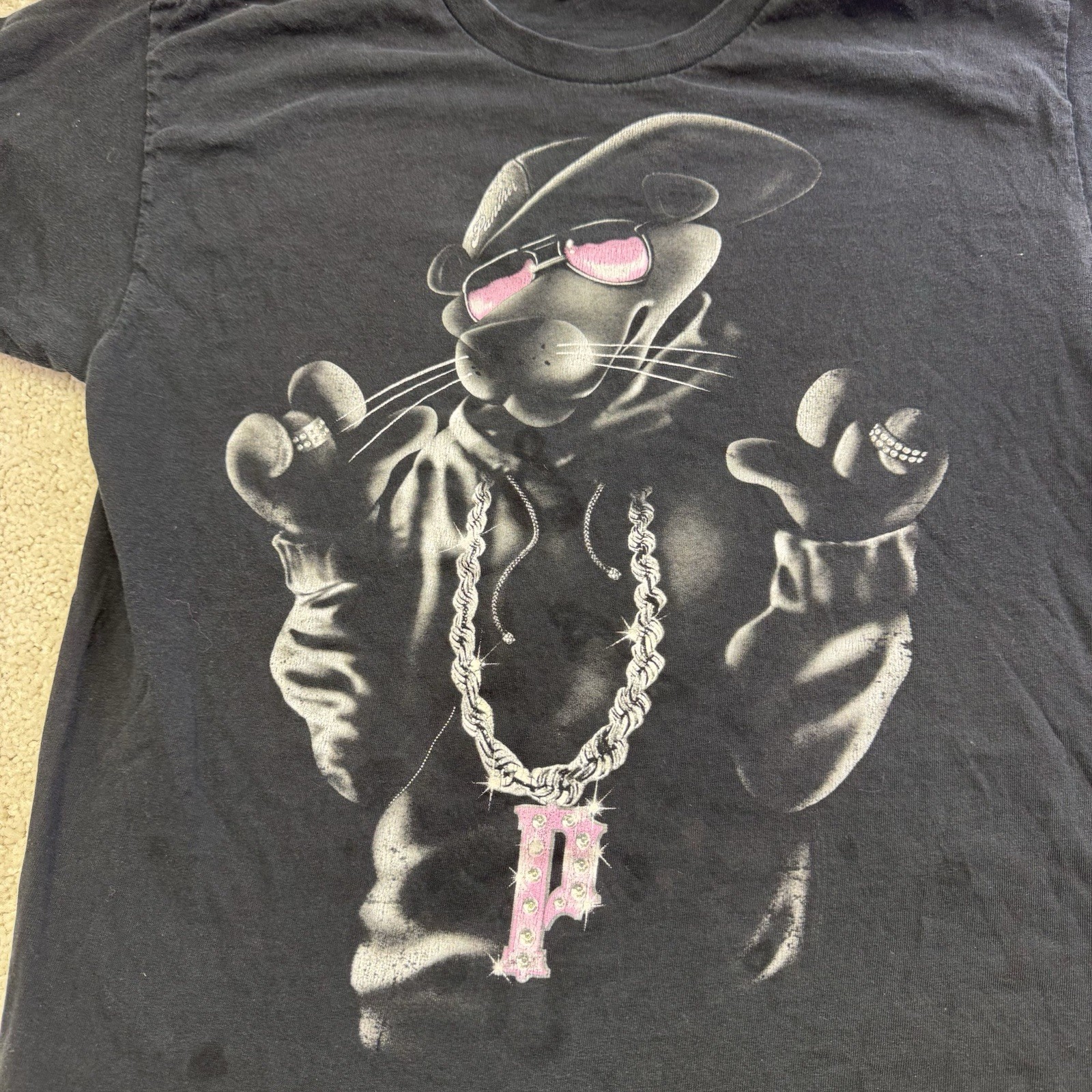 Vintage Y2K Pink Panther Shirt Mens L Faded Black Gangster Cartoon Parody Shadow