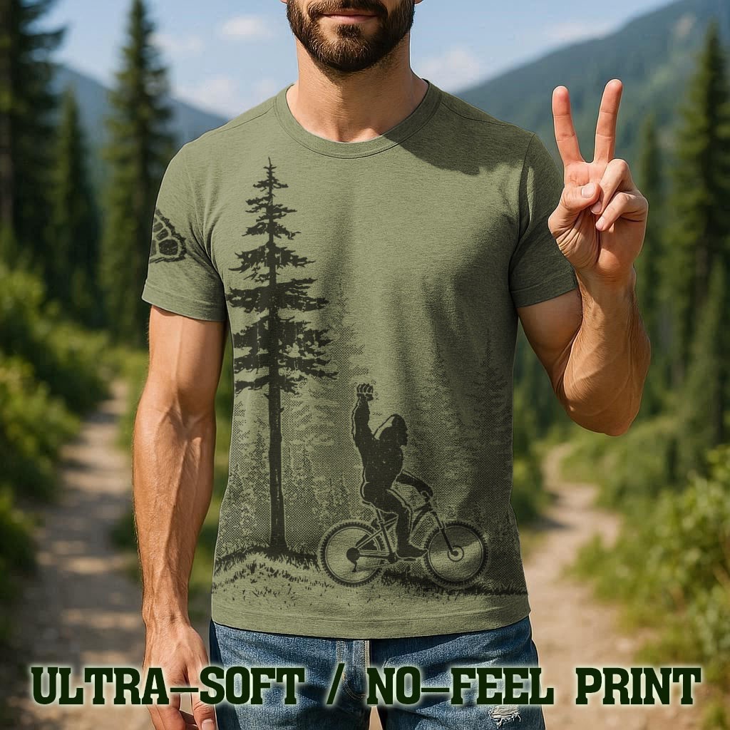 Men’s Bigfoot Mountain Bike T Shirt Funny Sasquatch MT Bike Tee – F008
