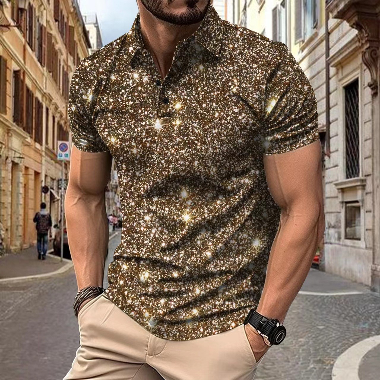 2025 New Men’s Shirt with Digital Printed Button Street Casual T-shirt Top Men