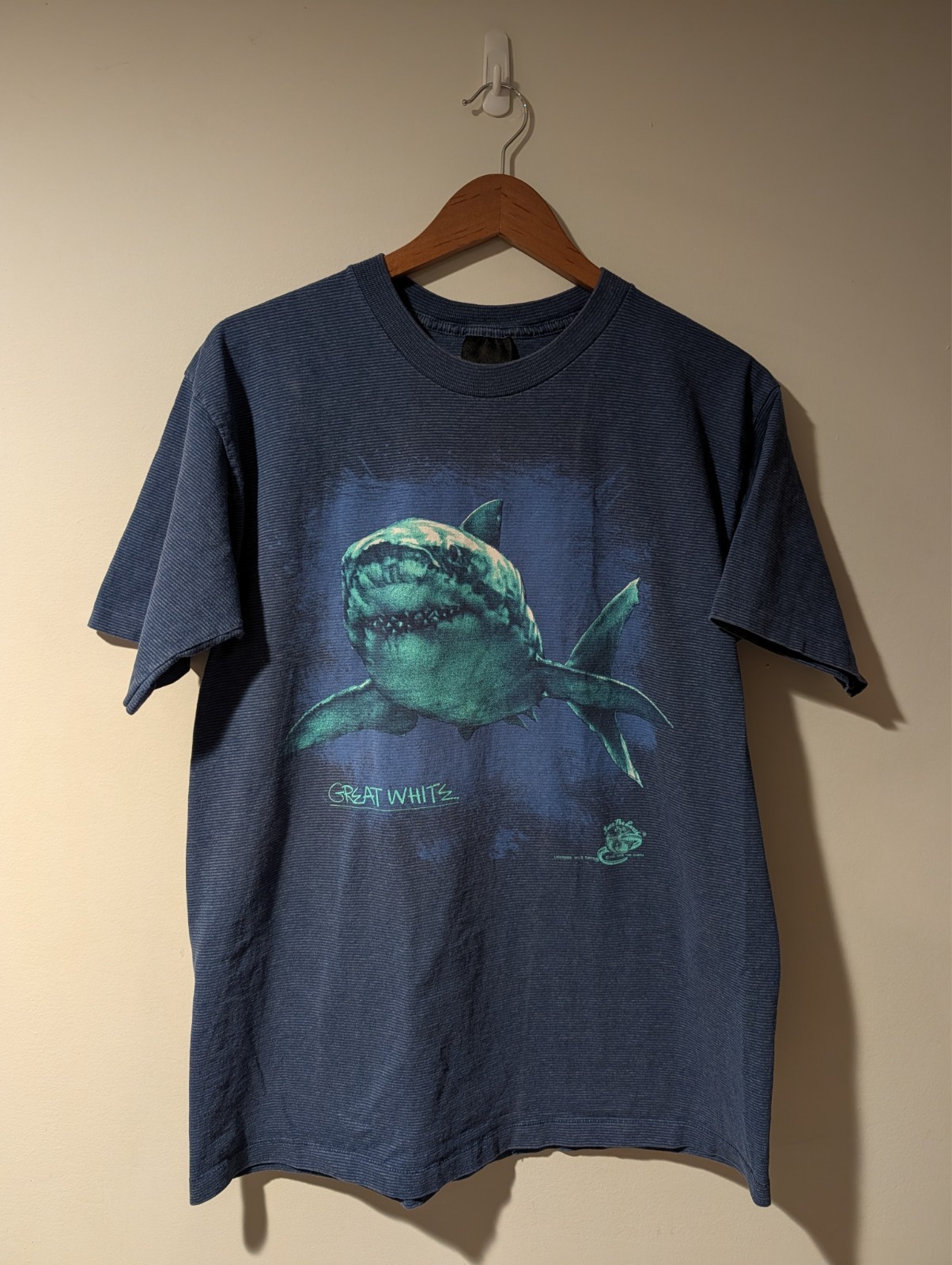 Vtg 1986 Great White Shark Save The Earth Graphic T-Shirt Mens Large Wild Oats