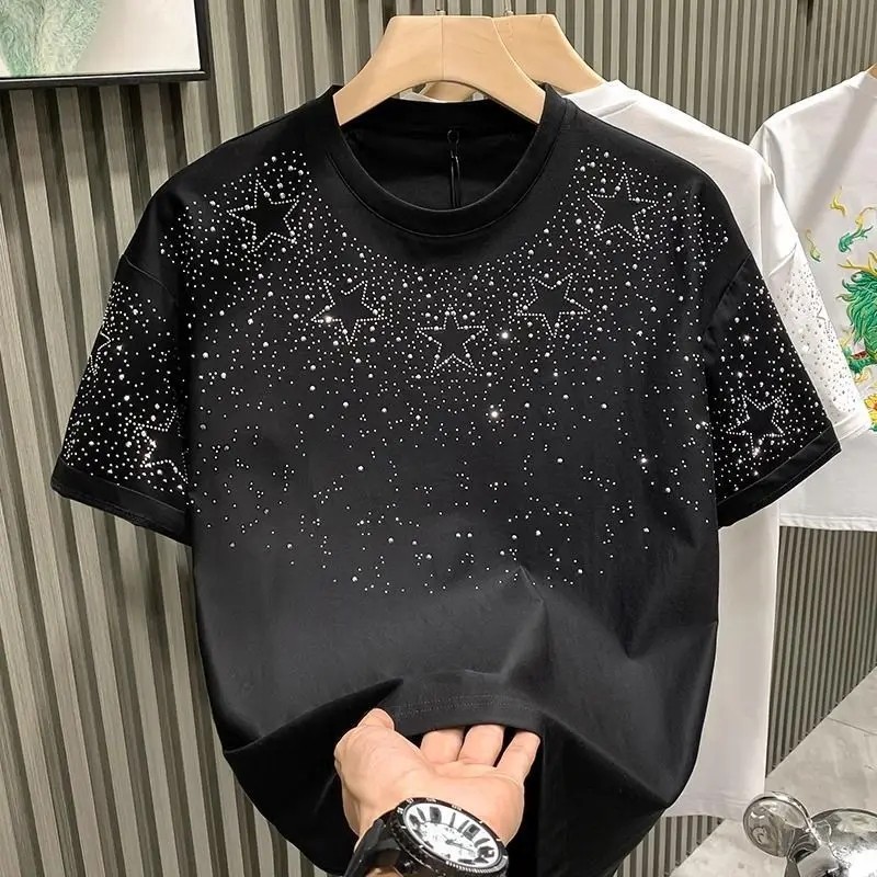 New Fashion Star Trend Rhinestone Diamond Summer Short Sleeve Luxury Men T-Shirt
