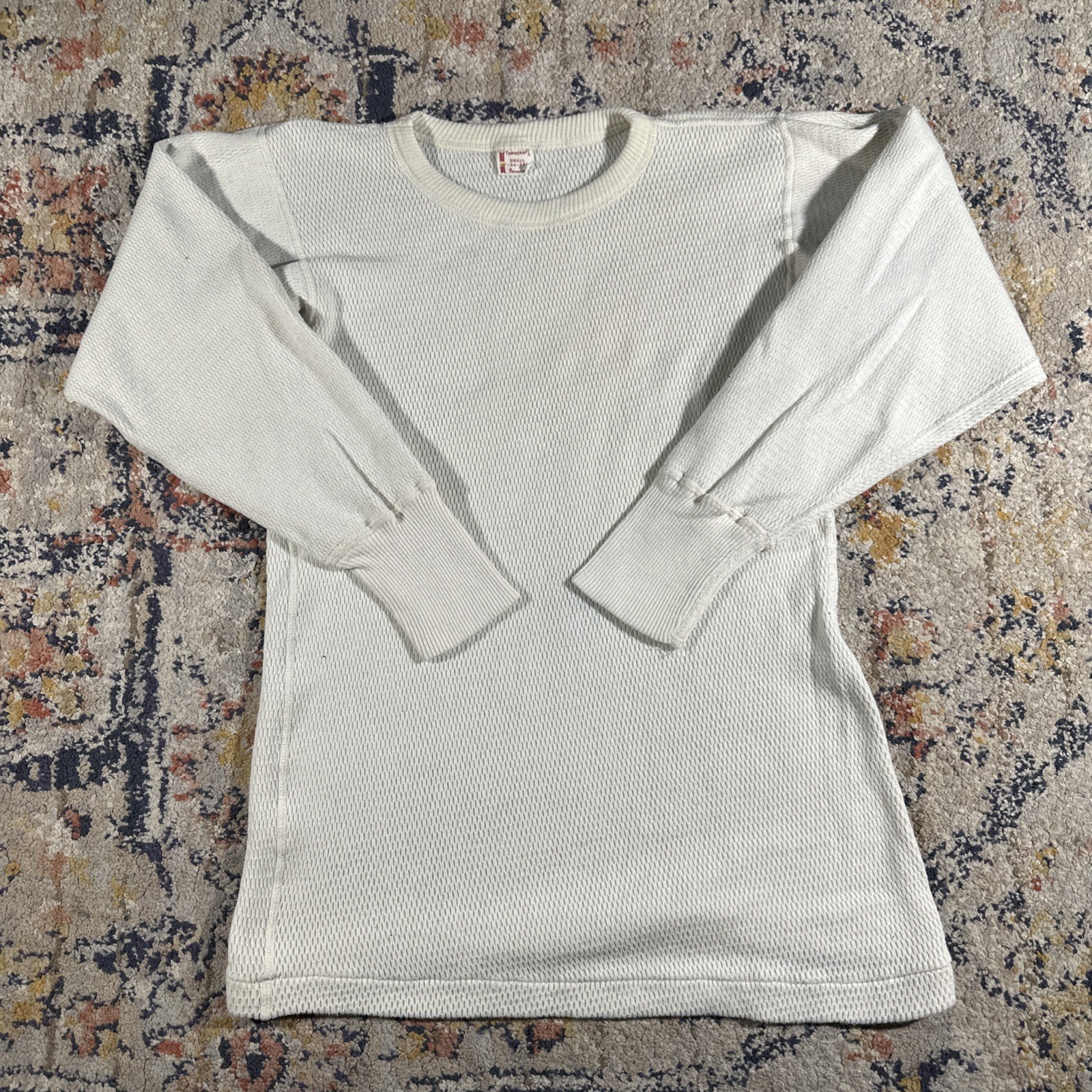 VTG 60s 70s Towncraft Thick Thermal Sweater size S Ivory Off White Waffle Knit