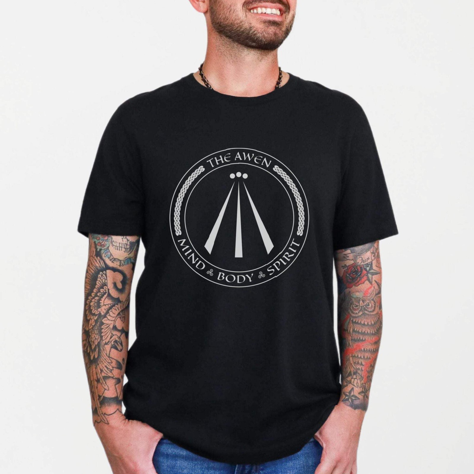 Awen Symbol Graphic with Mind Body Spirit Text T-Shirt | Celtic Unisex Tee