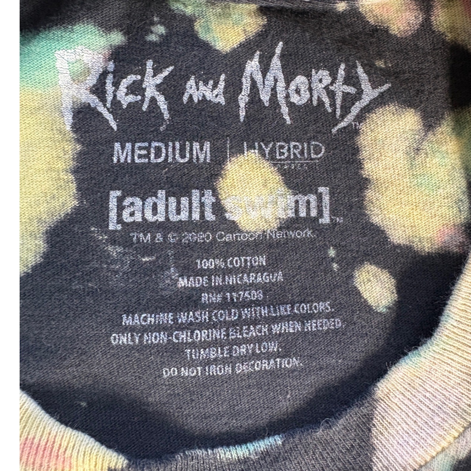 Adult Swim Rick & Morty Colorful Bleach Splatter Tie Dye Graphic Tee,Size Medium