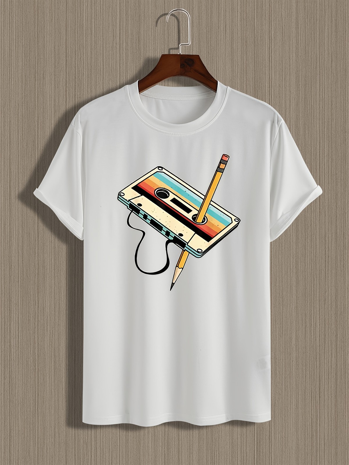 Men Retro Cassette Print T-Shirt – Casual Crew Neck, Slight Stretch, Summer Top♢