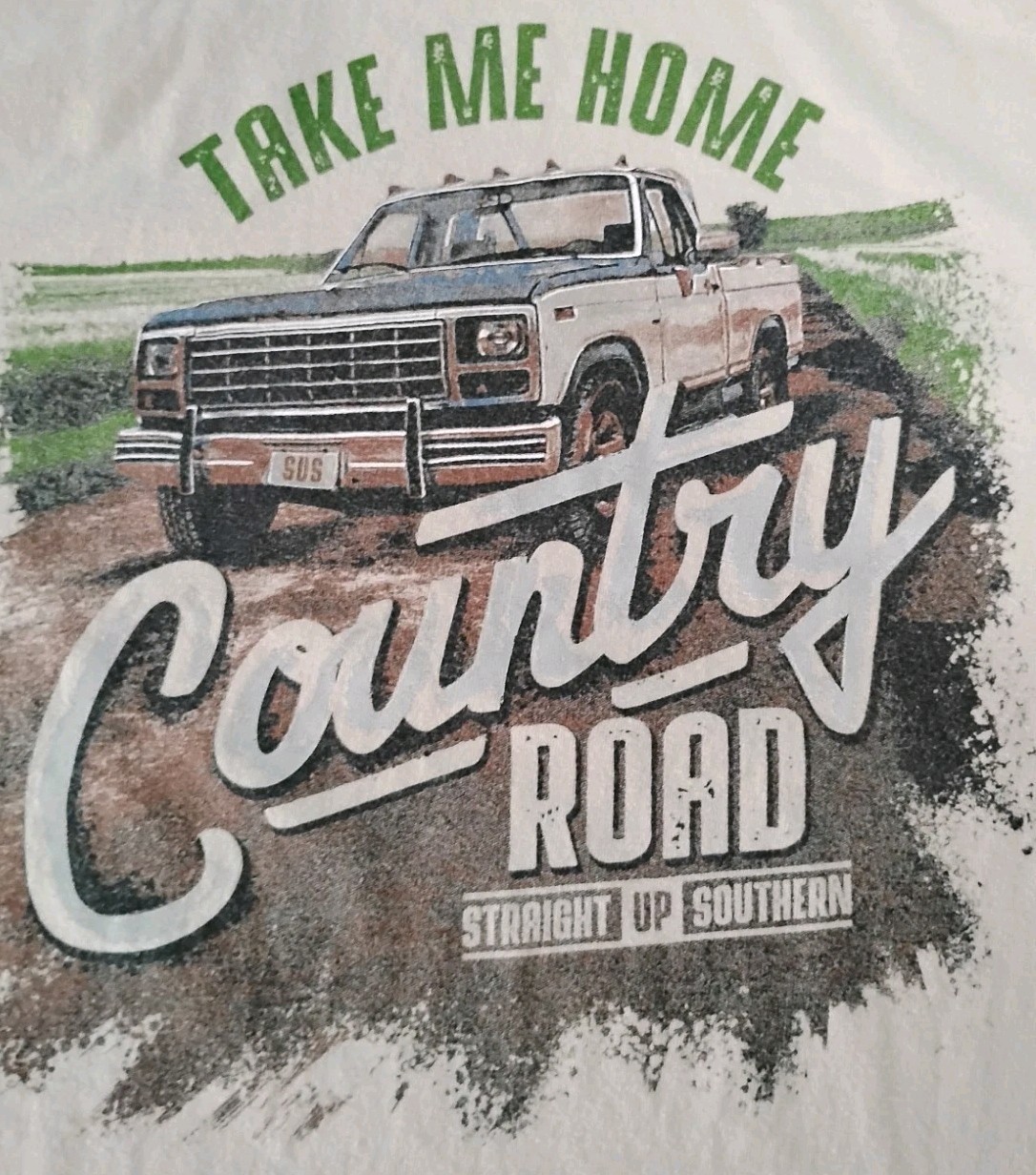 Mens Straight Up Southern Country Roads Truck T-shirt, Large Beige