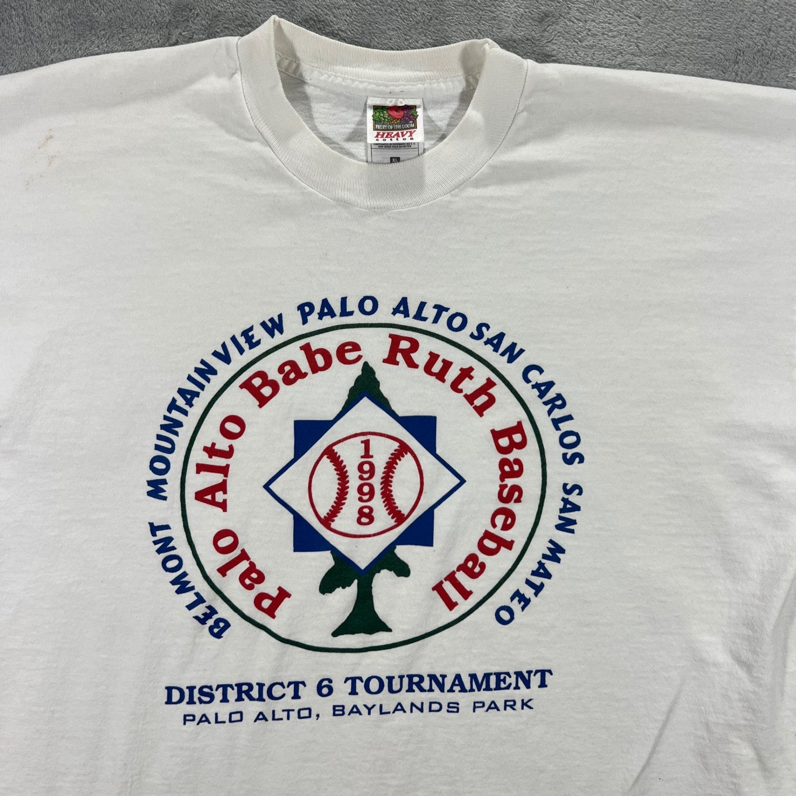 1998 Palo Alto Babe Ruth Baseball T-Shirt Mens XL White Baylands San Mateo Youth