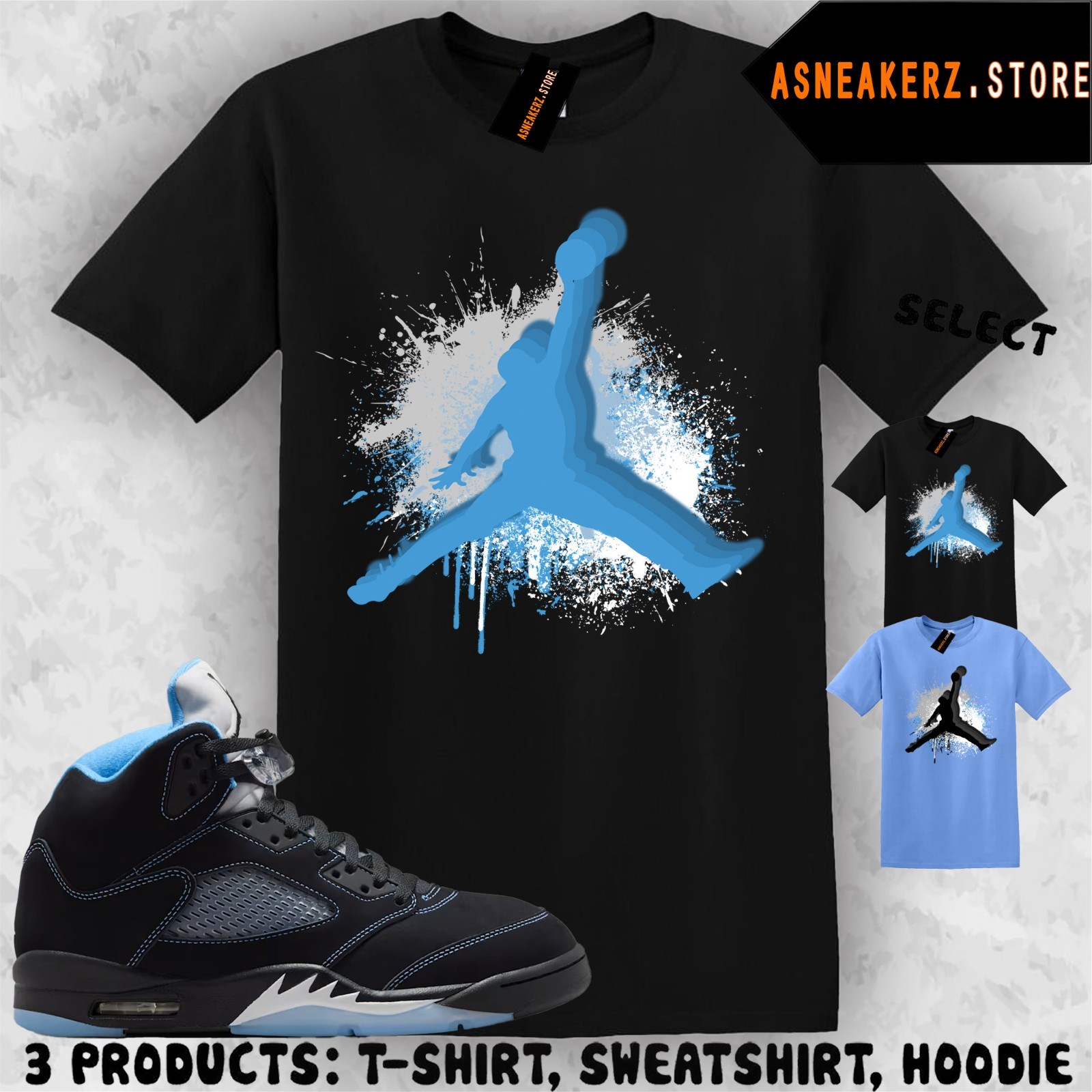 Tee Shirt Matching AJ 5 Black UNC Blue 2026 Match Sneaker Jumpman Paint T-Shirt