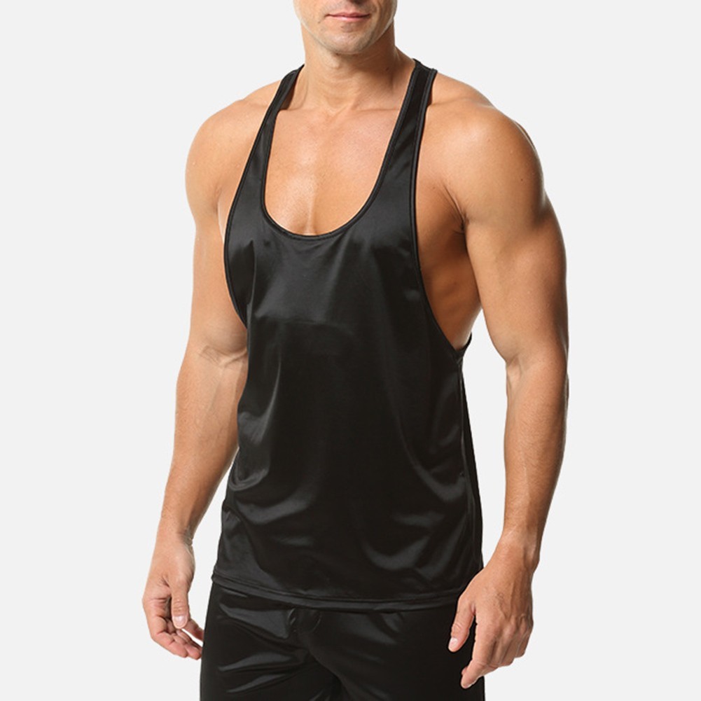 Sleeveless Gym Tee Men Tank Top Oil Shiny Glossy Satin Solid Color Four Seasons