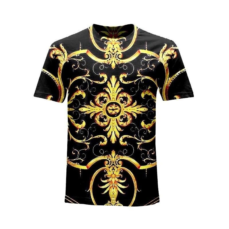 Luxury Baroque Style 3D Print Men’s T-shirts Fashion Round Neck Short Sleeve.