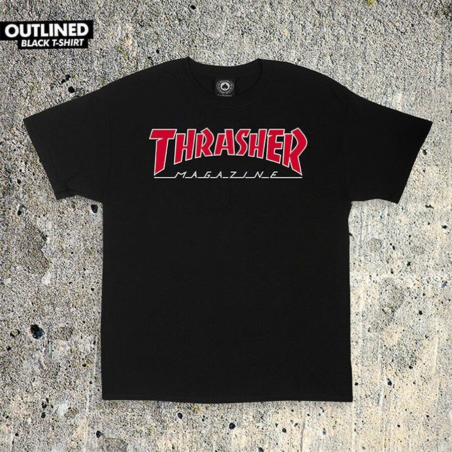 Thrasher Magazine OUTLINED SKATE MAG LOGO Skateboard T Shirt BLACK w/RED Logo