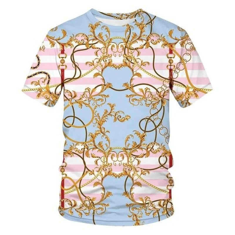 Luxury Baroque Style 3D Print Men’s T-shirts Fashion Round Neck Short Sleeve.