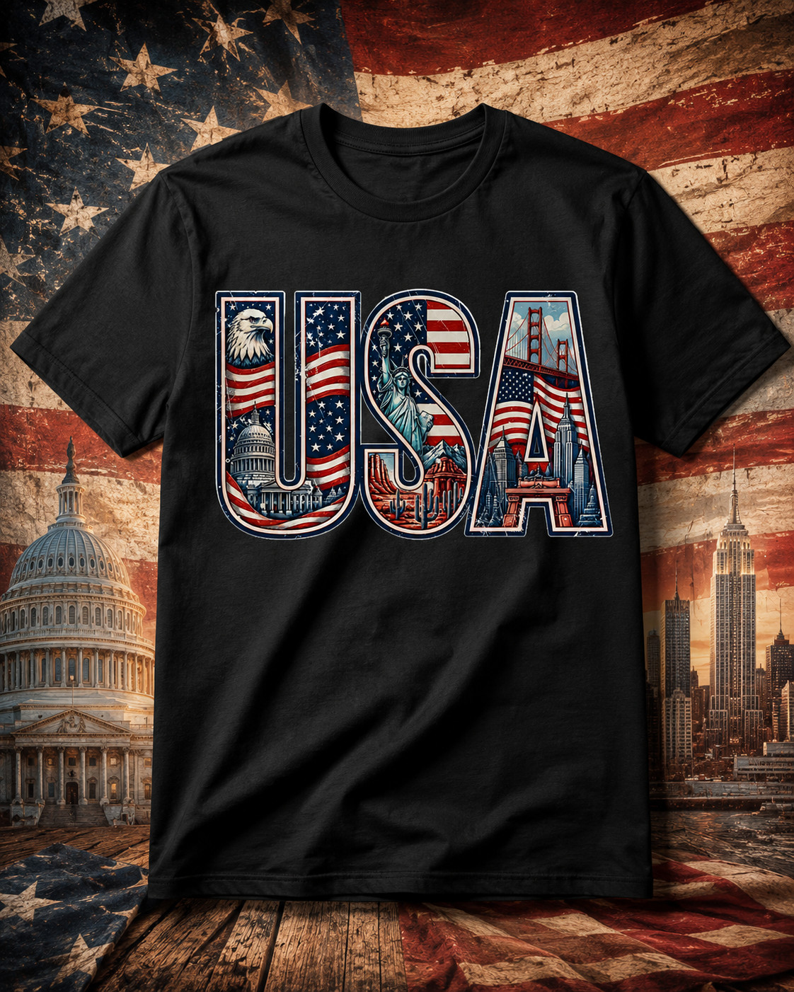 USA Patriotic Landmarks American Flag Eagle Statue of Liberty Graphic T-Shirt