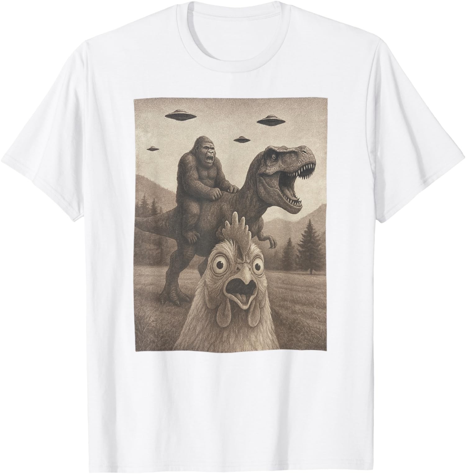 Funny Chicken, Chicken Selfie Bigfoot Riding T rex Fu Unisex T-Shirt